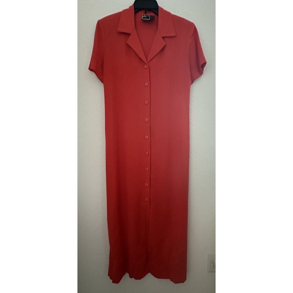 Lennie LYN NY Shirt Midi Dress‎ 8 Red Orange Linen Blend Side Slits Lagenlook